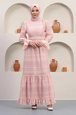 İnci Detaylı Dantel Abiye Pudra 12239