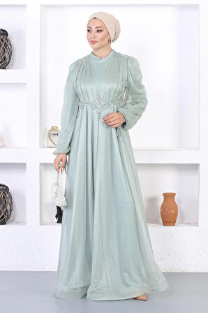 İncili Dantelli Simli Abiye Mint 12252