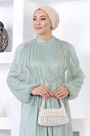İncili Dantelli Simli Abiye Mint 12252