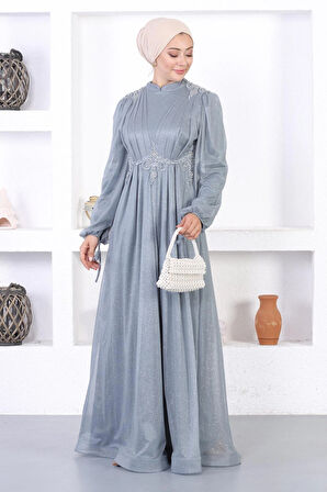 İncili Dantelli Simli Abiye Gri 12252