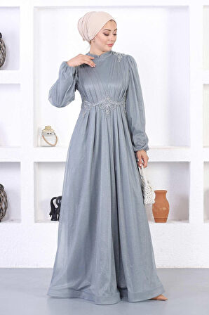 İncili Dantelli Simli Abiye Gri 12252