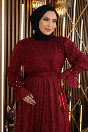 Taş Detaylı Simli Şifon Abiye Bordo 19113