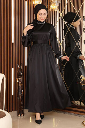 İncili Saten Abiye Siyah 19121