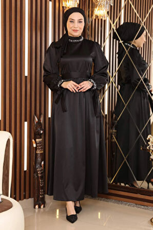 İncili Saten Abiye Siyah 19121