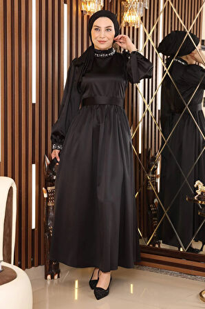 İncili Saten Abiye Siyah 19121