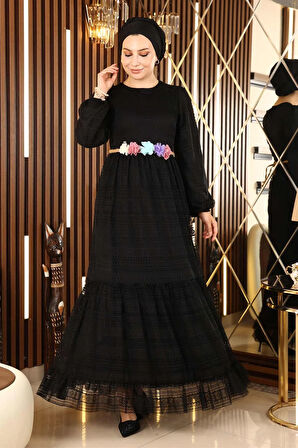 Dantelli Kemeri Çiçekli Elbise Siyah 10242
