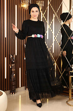 Dantelli Kemeri Çiçekli Elbise Siyah 10242