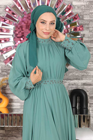 Taş Detaylı Şifon Abiye Mint 19109