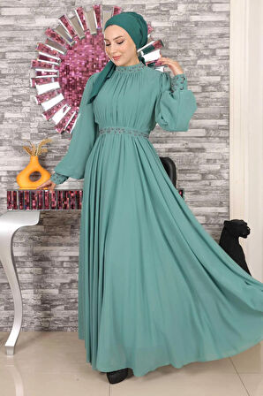 Taş Detaylı Şifon Abiye Mint 19109