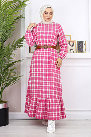 Fırfırlı Tesettür Elbise Pembe 19165
