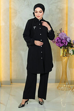 Düğmeli Broş Detaylı Takım Siyah 19178