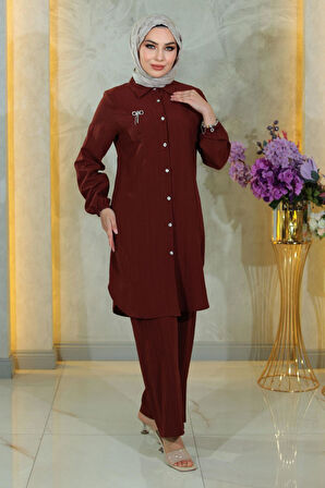 Düğmeli Broş Detaylı Takım Kahverengi 19178