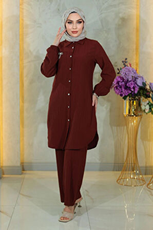 Düğmeli Broş Detaylı Takım Kahverengi 19178