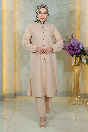 Düğmeli İkili Takım Bej 19179
