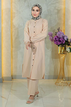 Düğmeli İkili Takım Bej 19179