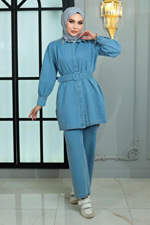 Yakası ve Omuzu Taşlı Kot Takım Açık Mavi 19186