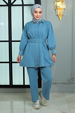Yakası ve Omuzu Taşlı Kot Takım Açık Mavi 19186