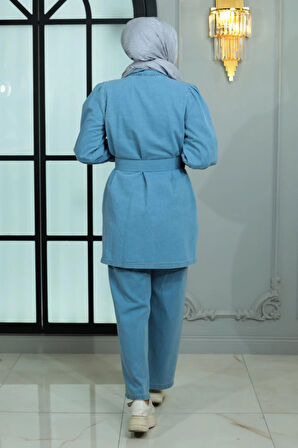 Yakası ve Omuzu Taşlı Kot Takım Açık Mavi 19186