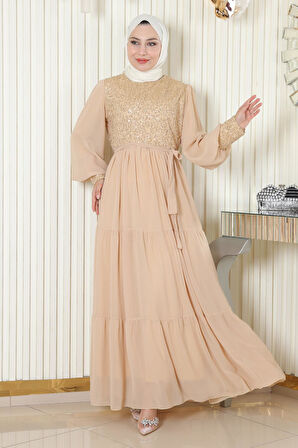 Pulpayetli Şifon Abiye Gold 19187