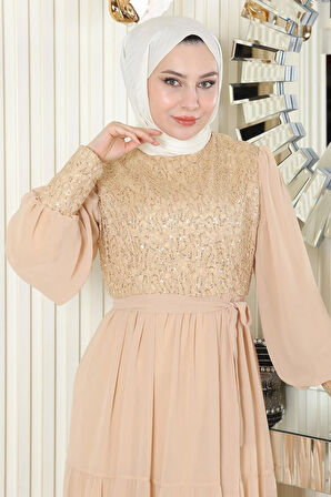 Pulpayetli Şifon Abiye Gold 19187