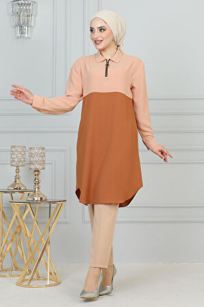 Fermuar Detaylı Tunik Pudra 6098