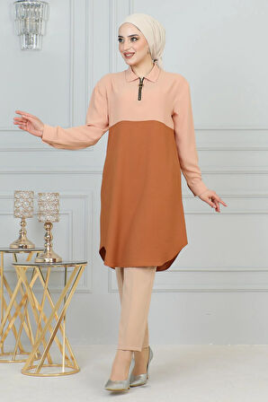 Fermuar Detaylı Tunik Pudra 6098