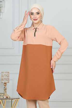Fermuar Detaylı Tunik Pudra 6098