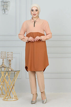 Fermuar Detaylı Tunik Pudra 6098
