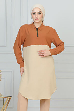 Fermuar Detaylı Tunik Krem 6098