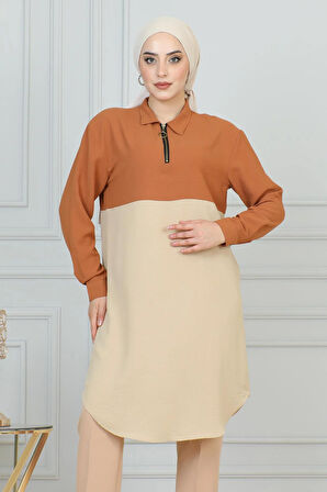 Fermuar Detaylı Tunik Krem 6098