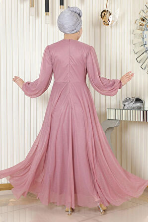 İnci Detaylı Drapeli Simli Abiye Gül Kurusu 19189