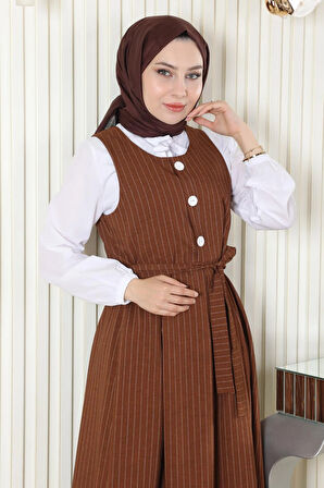 Eteği Pileli Kemerli Jile Takım Taba 19221