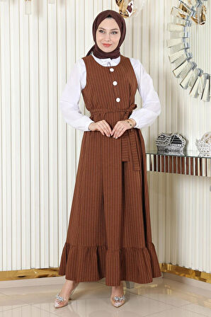 Eteği Pileli Kemerli Jile Takım Taba 19221