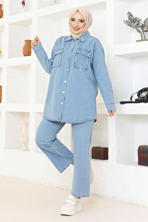 Cepli Taş Detaylı Kot Takım Açık Mavi 19207