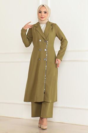 Düğme Detaylı Fermuarlı Takım Haki 19219
