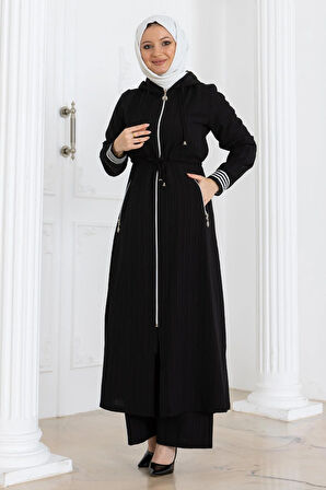 Beli Bağcıklı Kapşonlu Takım Siyah 19236