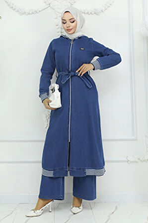 Kapşonlu Ribanalı Kot Takım Açık Mavi 19244