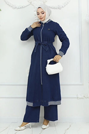 Kapşonlu Ribanalı Kot Takım Koyu Mavi 19244