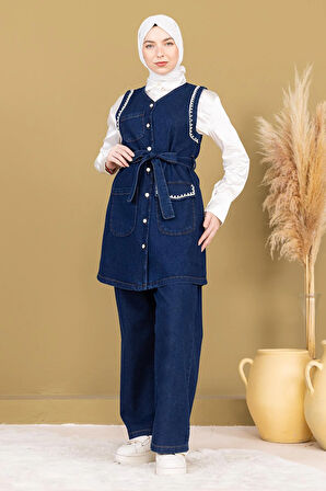İnci Detaylı İkili Kot Takım Koyu Mavi 19245
