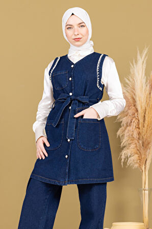 İnci Detaylı İkili Kot Takım Koyu Mavi 19245