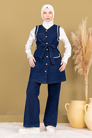 İnci Detaylı İkili Kot Takım Koyu Mavi 19245