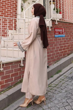 Etnik Desenli Kimono Takım Bej 19251