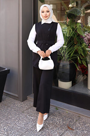Kemerli Yelek Pantolon Takım Siyah 19250