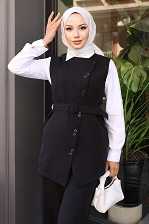Kemerli Yelek Pantolon Takım Siyah 19250