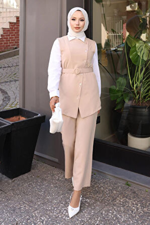 Kemerli Yelek Pantolon Takım Bej 19250