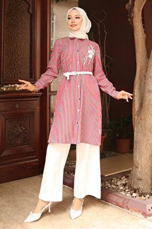 Çizgili Nakış Detaylı Takım Bordo 19261