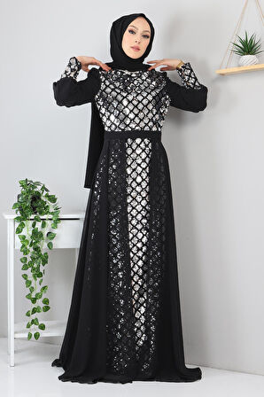 Pulpayetli Şifon Abiye Gümüş MSW9819