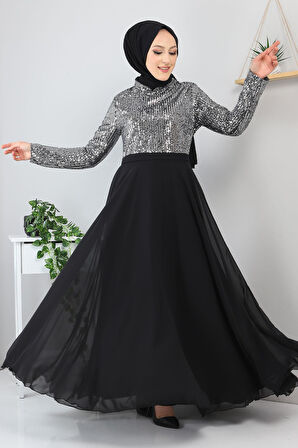 Pulpayetli Şifon Abiye Gümüş MSW8940