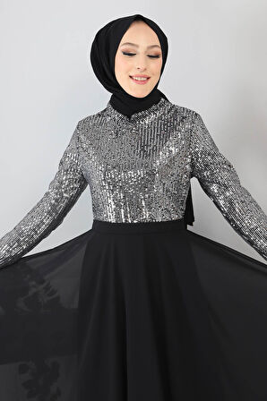 Pulpayetli Şifon Abiye Gümüş MSW8940