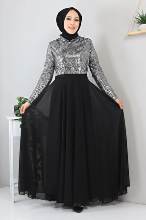 Pulpayetli Şifon Abiye Gümüş MSW8940